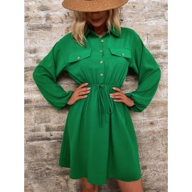 Flap Pocket Fake Drawstring Shirt Dress