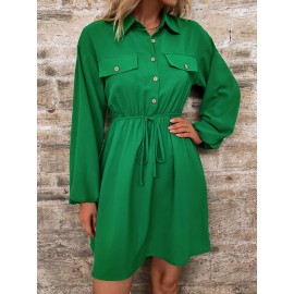 Flap Pocket Fake Drawstring Shirt Dress