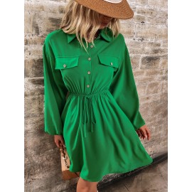 Flap Pocket Fake Drawstring Shirt Dress