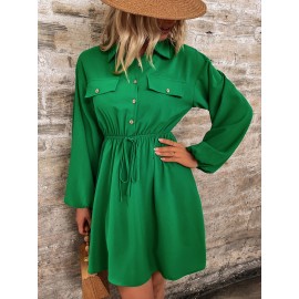 Flap Pocket Fake Drawstring Shirt Dress