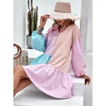 Vertical Striped Colorblock Lantern Sleeve Ruffle Hem Smock Dress