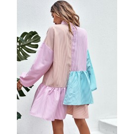 Vertical Striped Colorblock Lantern Sleeve Ruffle Hem Smock Dress