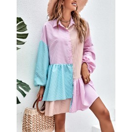 Vertical Striped Colorblock Lantern Sleeve Ruffle Hem Smock Dress