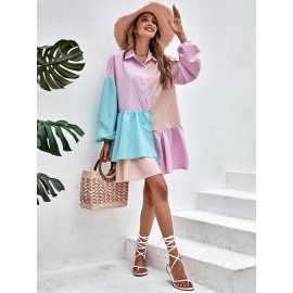 Vertical Striped Colorblock Lantern Sleeve Ruffle Hem Smock Dress