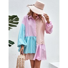 Vertical Striped Colorblock Lantern Sleeve Ruffle Hem Smock Dress