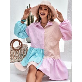 Vertical Striped Colorblock Lantern Sleeve Ruffle Hem Smock Dress