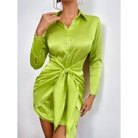 Solid Knot Front Satin Shirt Dress