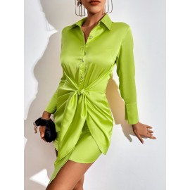 Solid Knot Front Satin Shirt Dress