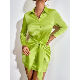 Solid Knot Front Satin Shirt Dress