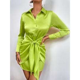 Solid Knot Front Satin Shirt Dress