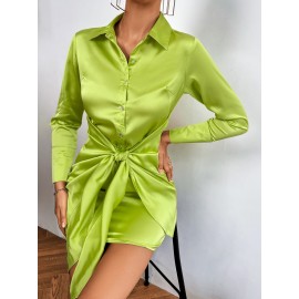 Solid Knot Front Satin Shirt Dress