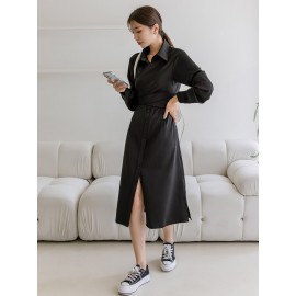 Solid Button Front Tie Back Shirt Dress