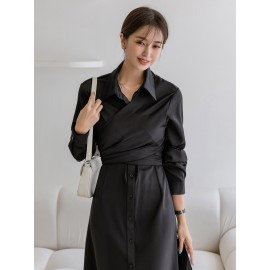 Solid Button Front Tie Back Shirt Dress