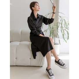 Solid Button Front Tie Back Shirt Dress