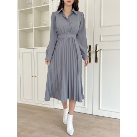 Solid Half Button Pleated Belted Shirt Dress