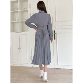 Solid Half Button Pleated Belted Shirt Dress