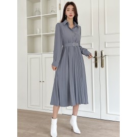 Solid Half Button Pleated Belted Shirt Dress