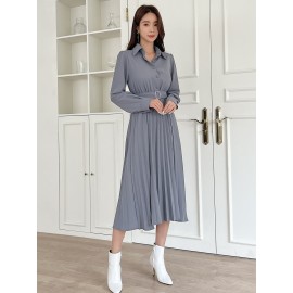 Solid Half Button Pleated Belted Shirt Dress