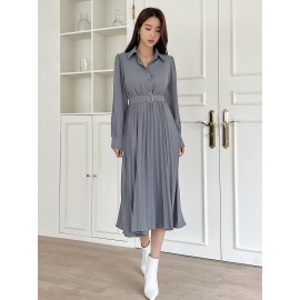 Solid Half Button Pleated Belted Shirt Dress