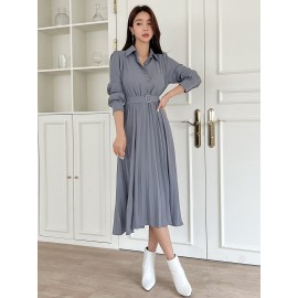 Solid Half Button Pleated Belted Shirt Dress