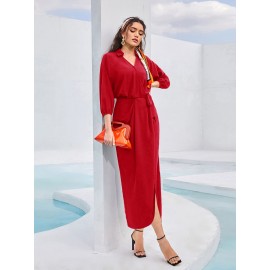 Lantern Sleeve Knot Side Wrap Dress