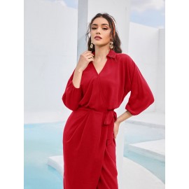 Lantern Sleeve Knot Side Wrap Dress