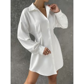 Drop Shoulder Button Through Curved Hem Shirt Dress