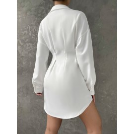 Drop Shoulder Button Through Curved Hem Shirt Dress