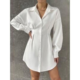 Drop Shoulder Button Through Curved Hem Shirt Dress