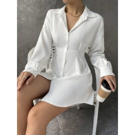 Drop Shoulder Button Through Curved Hem Shirt Dress