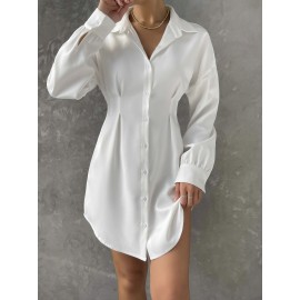 Drop Shoulder Button Through Curved Hem Shirt Dress