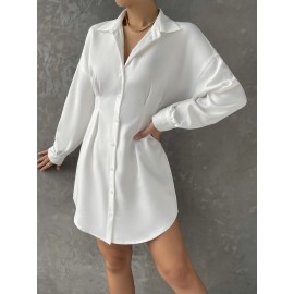 Drop Shoulder Button Through Curved Hem Shirt Dress