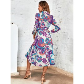 Random Floral Print Belted Shirt Dress