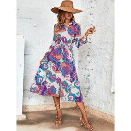 Random Floral Print Belted Shirt Dress