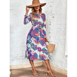 Random Floral Print Belted Shirt Dress