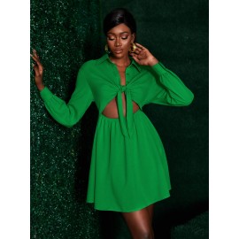 Solid Cut Out Tie Front Shirt Dress