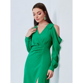 Cold Shoulder Surplice Front Ruched Split Hem Dress