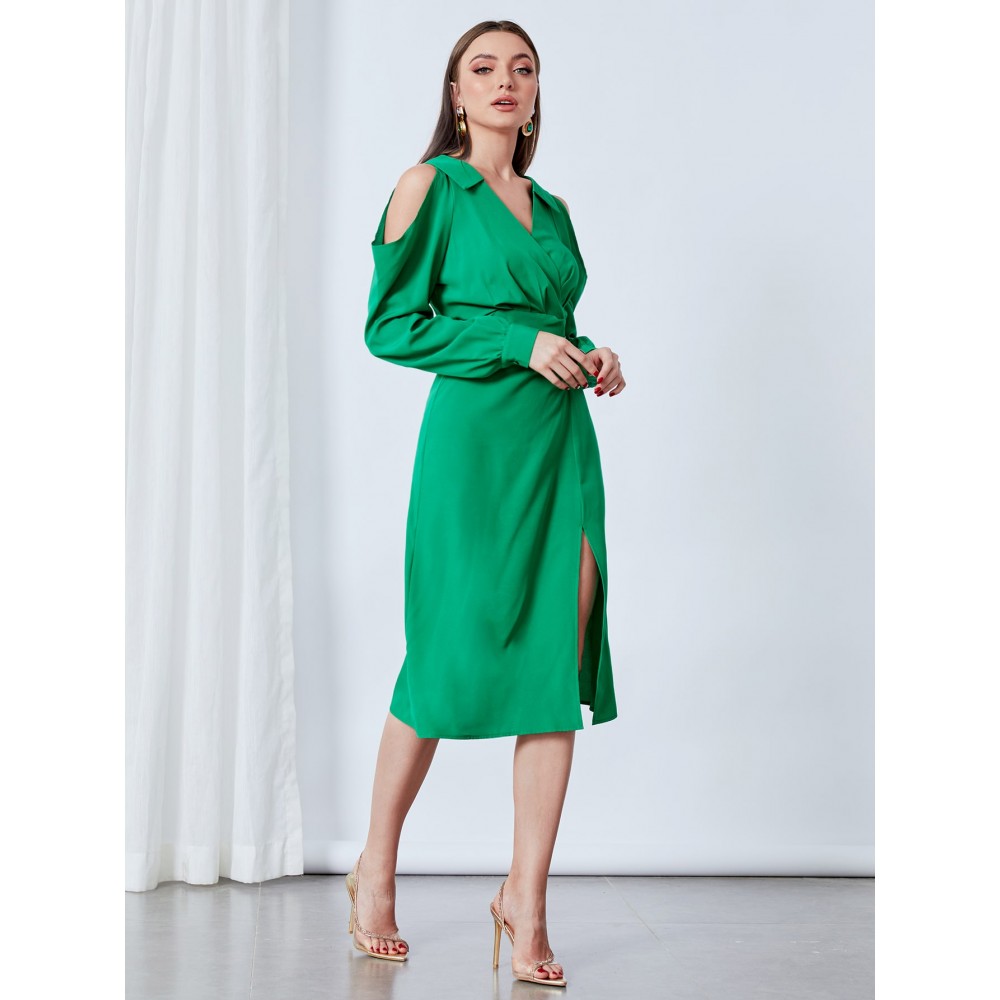 Cold Shoulder Surplice Front Ruched Split Hem Dress