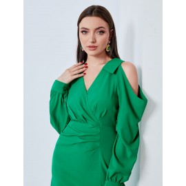 Cold Shoulder Surplice Front Ruched Split Hem Dress