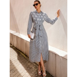 Striped Print Knot Front Shirt Dress