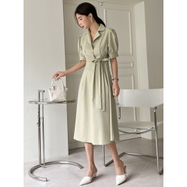 Puff Sleeve Knot Detail Shirt Dress