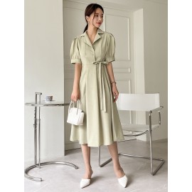 Puff Sleeve Knot Detail Shirt Dress