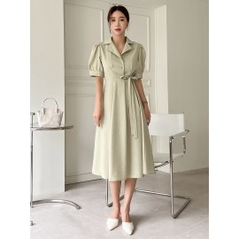 Puff Sleeve Knot Detail Shirt Dress