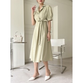 Puff Sleeve Knot Detail Shirt Dress