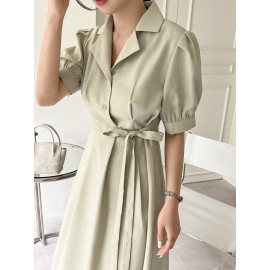 Puff Sleeve Knot Detail Shirt Dress