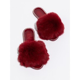 Rhinestone Decor Fluffy Slides