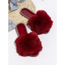 Rhinestone Decor Fluffy Slides