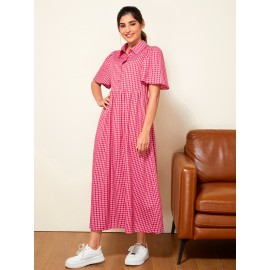 Modely Plaid Half Button Shirt Dress