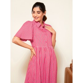 Modely Plaid Half Button Shirt Dress