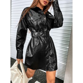 Flap Pocket Drop Shoulder Curved Hem Belted Dress